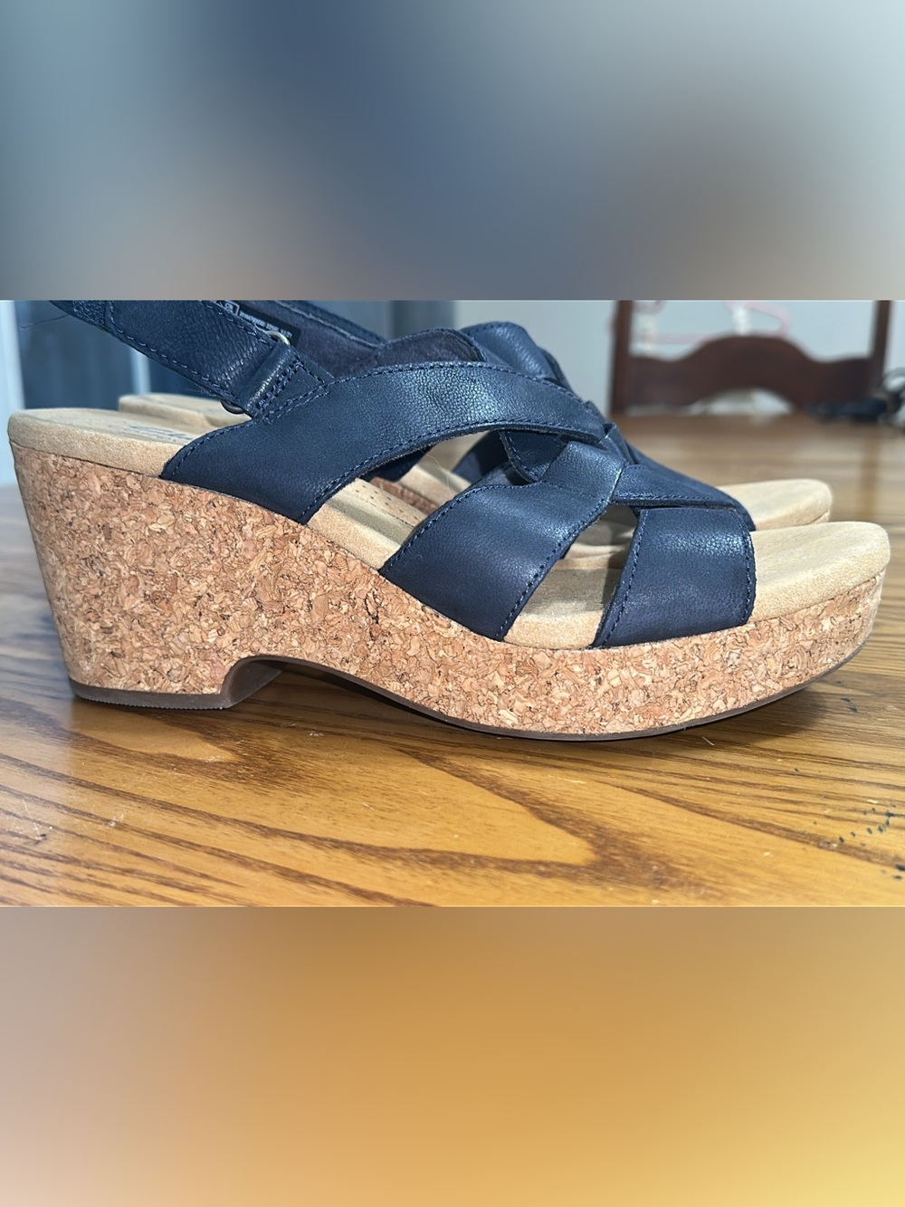 Clarks Navy Leather Cork Wedge Sandals